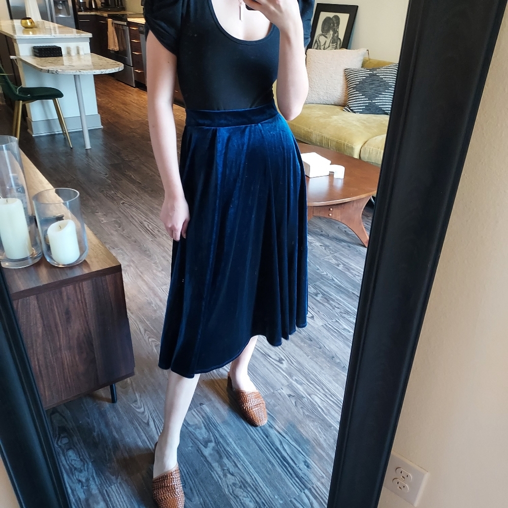 Navy velour a line midi skirt